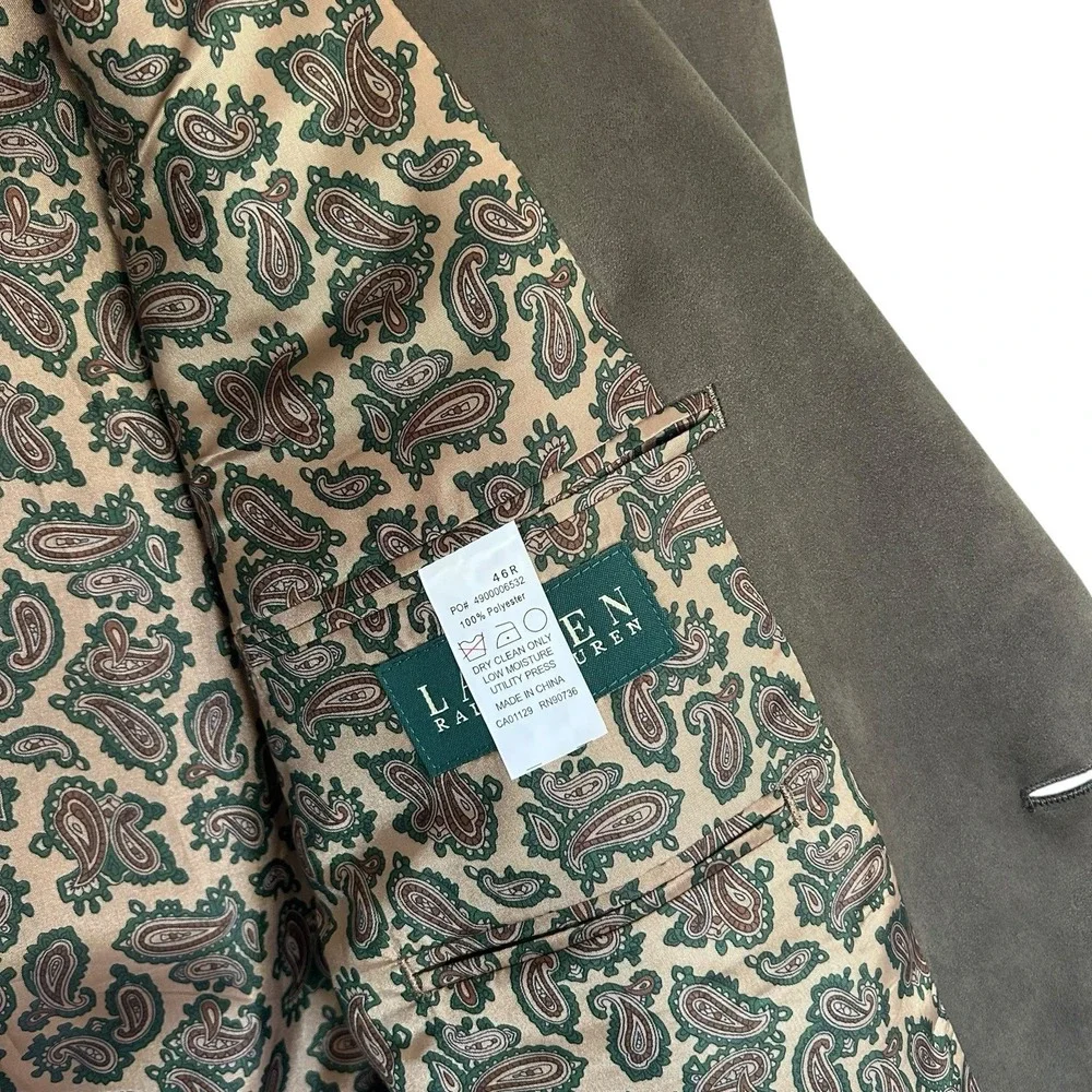 Lauren Ralph Lauren Faux Suede Blazer 46R Taupe Brown Paisley Lined Sport Coat